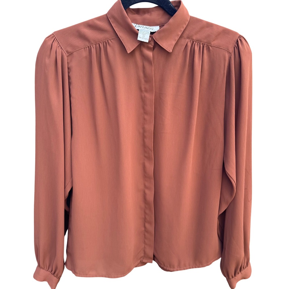 Partners Vintage 80s Rust Terracotta Puff Pleated Shoulder Button‎ Up Blouse 10